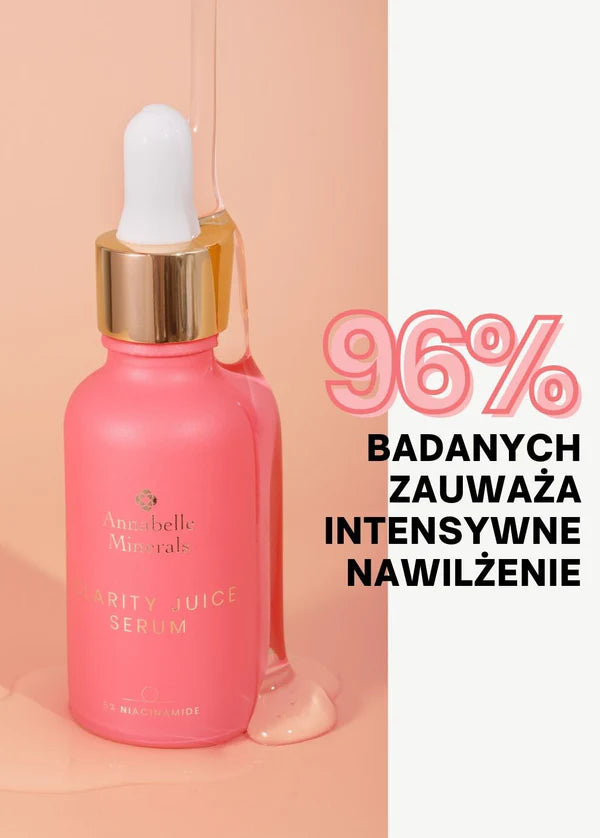 Różowa buteleczka serum Clarity Juice ze szklanym zakraplaczem i złotym akcentem, z informacją o intensywnej hydratacji
