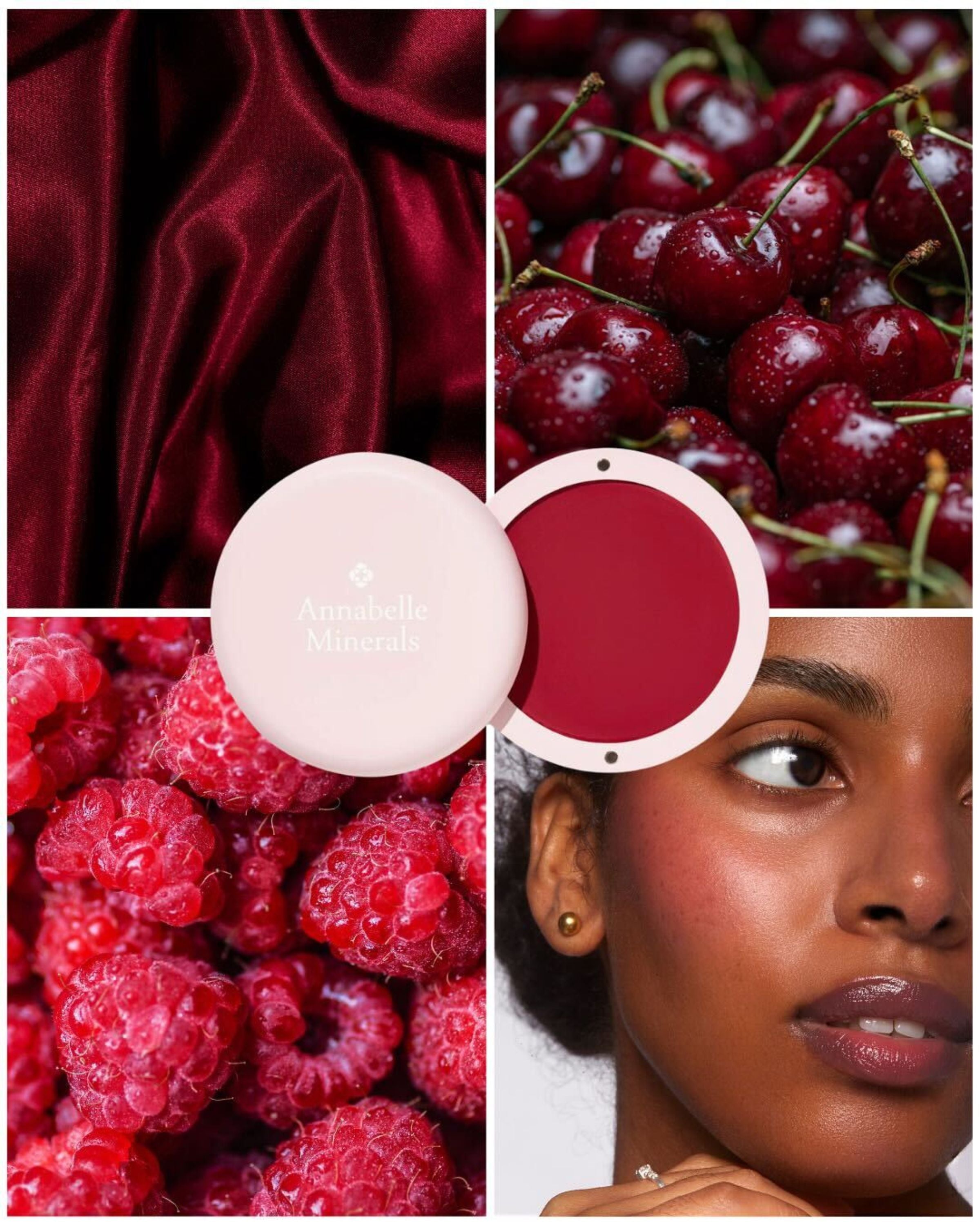Bordowy materiał z soczystymi wiśniami, malinami i naturalnym makijażem różem Red Velvet Annabelle Minerals na twarzy modelki 