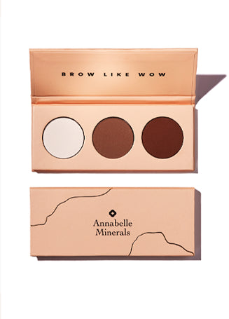 Paleta cieni do brwi BROW LIKE WOW z trzema odcieniami w minimalistycznym opakowaniu w kolorze brzoskwiniowym