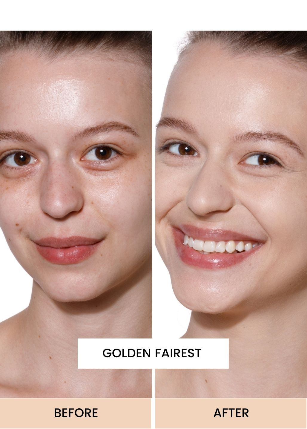 Porównanie efektu przed i po zastosowaniu rozświetlającego podkładu mineralnego Annabelle Minerals Golden Fairest